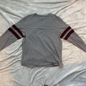 American Eagle Gray Long Sleeve Shirt with Maroon Stripes